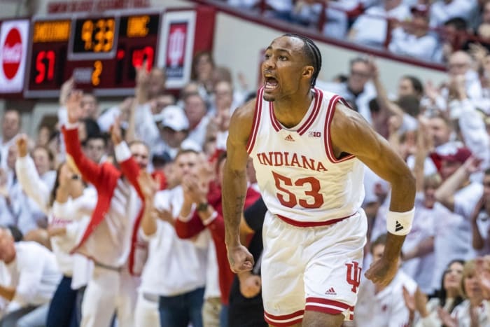 Indiana Hoosiers guard Tamar Bates (53) reacts to a made basket in the second half against the North Carolina Tar Heels at Simon Skjodt Assembly Hall.